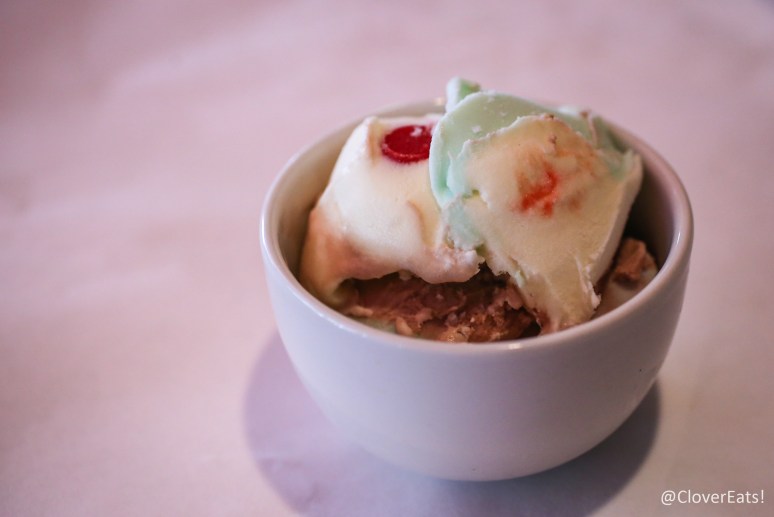 Spumone with pistachio, custard, and chocolate gelato and cherries