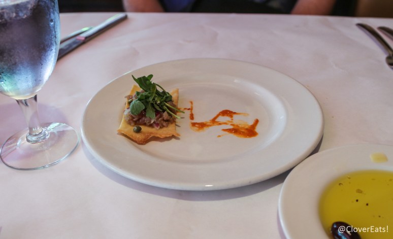 Crudo di tonno - yellowfin tuna tatare, Abruzzese sauce, Sardinian flatbread
