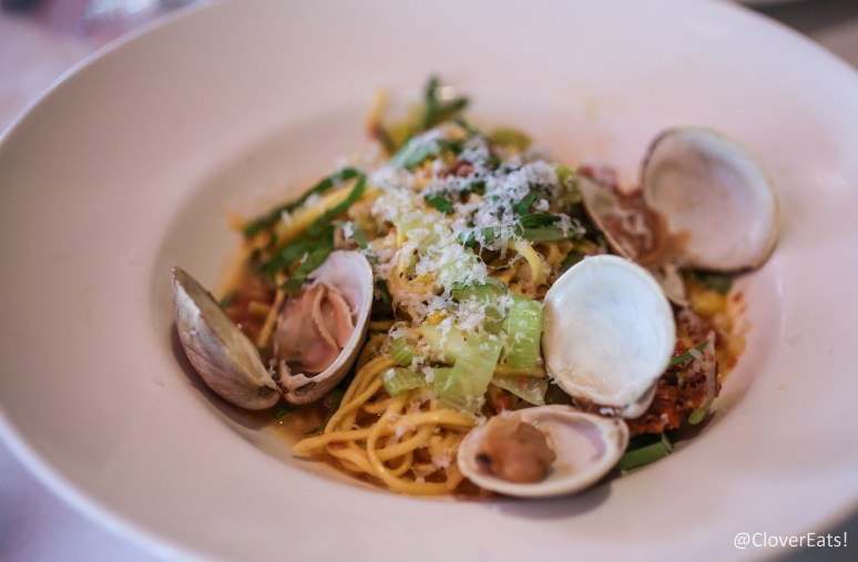 Spaghetti con vongole - littleneck clams, Calabrese sausage, sweet corn, leeks