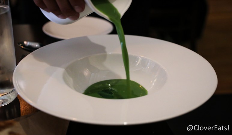 Pea & Mint Soup with creme fraiche and English peas