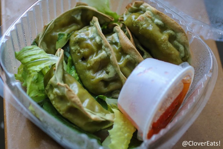 Potstickers - cabbage, carrots, peas and soy protein filling, served with sweet chili sauce