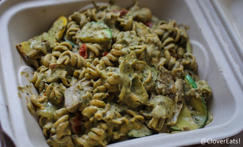 Garlic Cream Pesto Pasta - artichokes, squash, zucchini, sun dried tomatoes, garlic cream pesto sauce