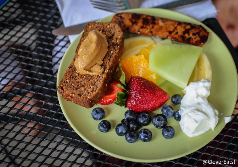 Good Morning Sunshine - "A slice of our whole grain Crackly Banana Bread w/fresh fruit, natural peanut butter,  Greek yogurt & a drizzle of maple syrup."