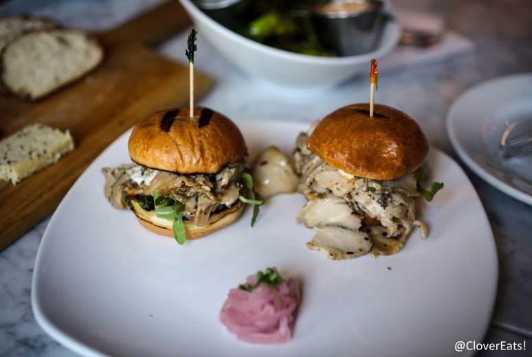 porchetta slider: brioche, arugula, pickled onions,  salsa verde