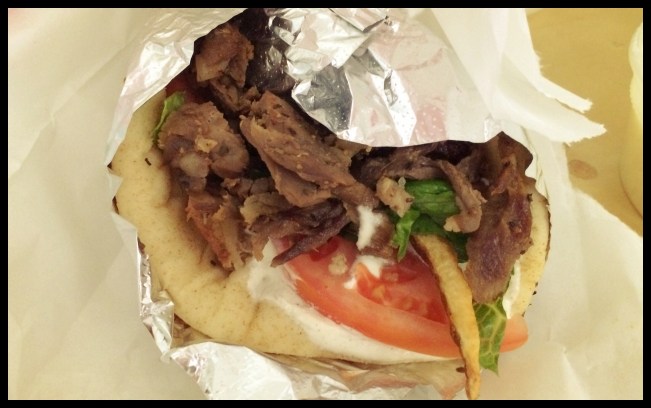 Lamb and beef gyro with greek spicy yogurt sauce