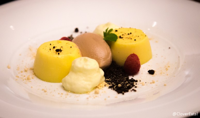 passion fruit bavaroise hazelnut-chocolate ice cream, flourless chocolate cake crumbs, crema catalana foam, peanut dust