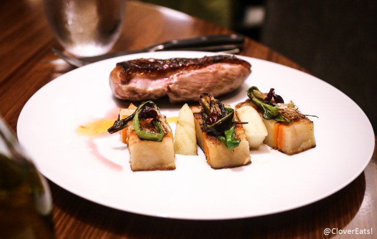 pato pan-roasted normandy duck breast, potato-carrot terrine, scallions, granny smith apple, dry cherry, orange-vanilla bean sauce