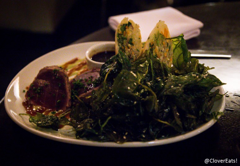 Tuna* Grilled Yellowfin with Tamari Cure/ Vegetable Spring Rolls/ Fried Spinach/ Wasabi Oil/ Chile-Garlic Sauce 