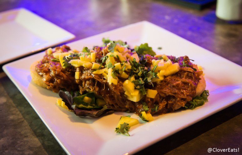 $5 Happy Hour Mango Shredded BBQ Pork Arepas