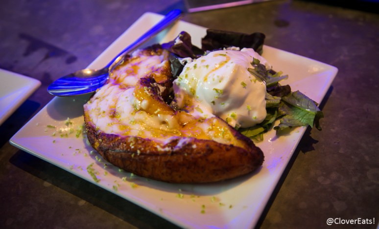 $5 Happy Hour Platano con queso - plantain with melted mozzarella, honey, lime, sour cream