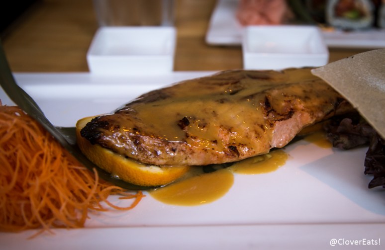 Butterfly Salmon - grilled salmon with yuzu miso sauce, side of sauteed green tea soba noodles