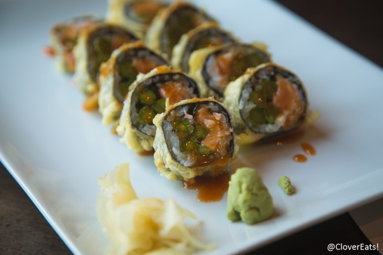 Sunflower Roll - salmon, asparagus, fried, spicy miso sauce