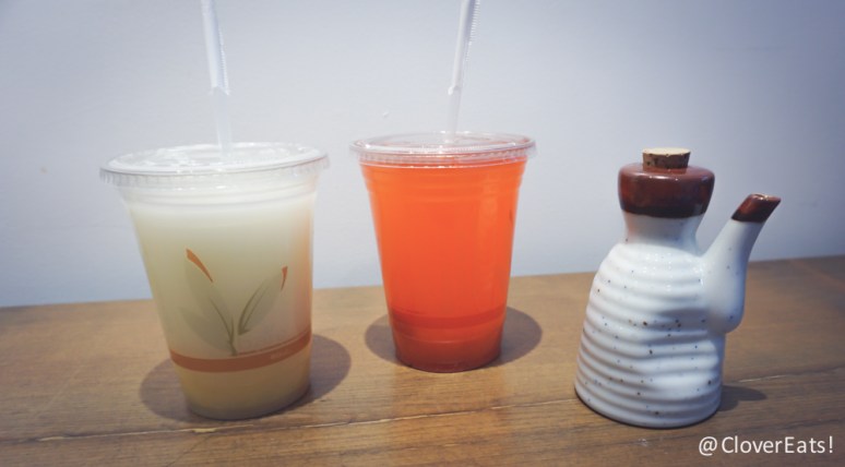 Strawberry kiwi yuzu juice and orange coconut juice