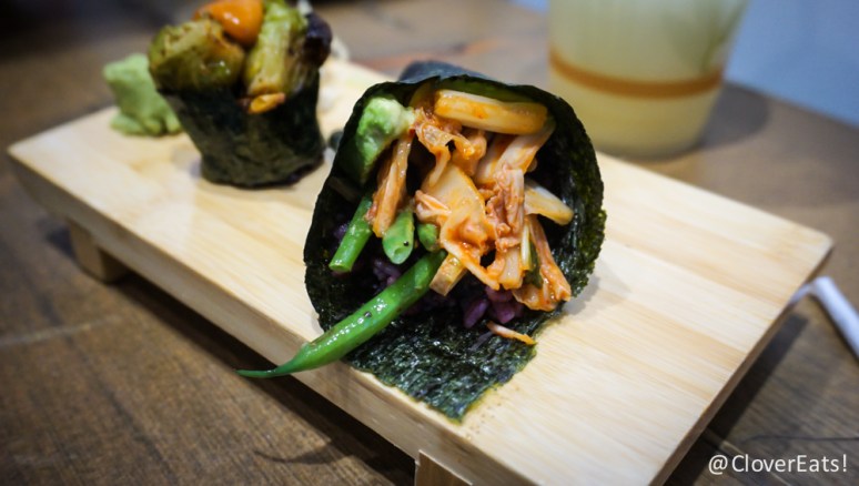 Kim-Chee Hand Roll - avocado, tofu, kimchi, grilled haricot vert, six-grain rice, sweet soy mirin sauce 