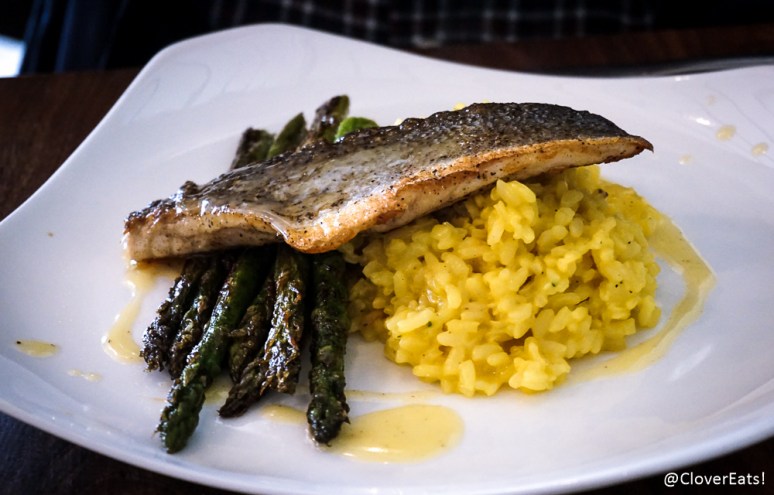 Fish of the Day: saffron risotto, seared asparagus, herbed lemon butter sauce