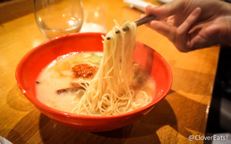 Karaka-men "The original “Tonkotsu”(pork) broth with an added kick; thin noodles with Ippudo’s special blend of hot spices, topped with pork chashu, cabbage, sesame kikurage mushrooms, scallions, and fragrant garlic oil."
