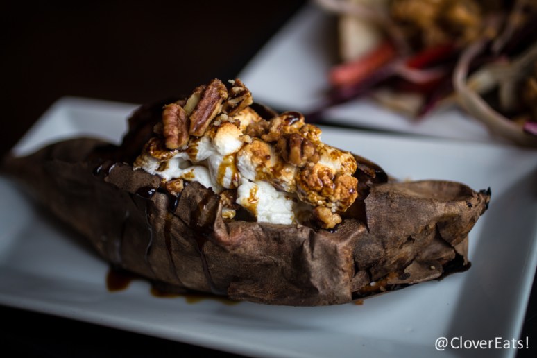 Fully Loaded Sweet Potato slow roasted, candied whiskey pecans, maple sugar, torched marshmallows & molasses