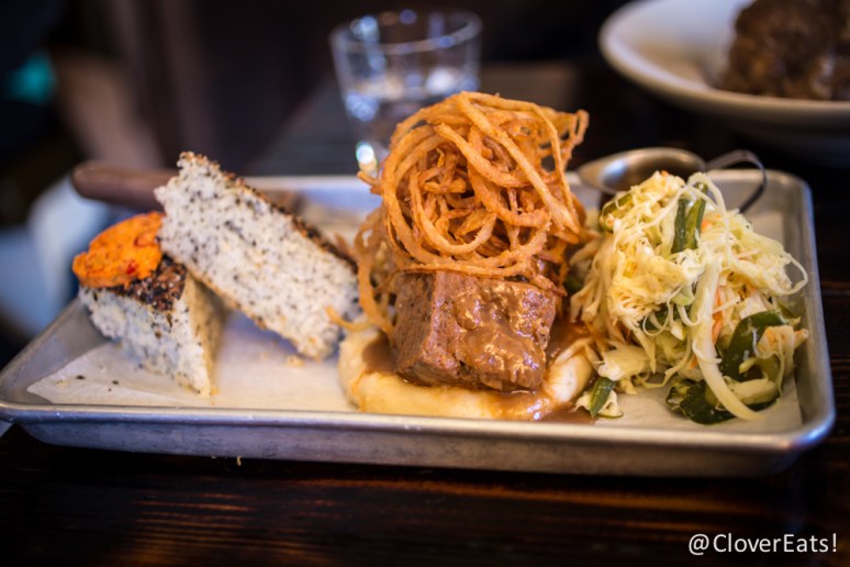 Meatloaf, whipped potatoes, frizzled onions, green bean pickled slaw
