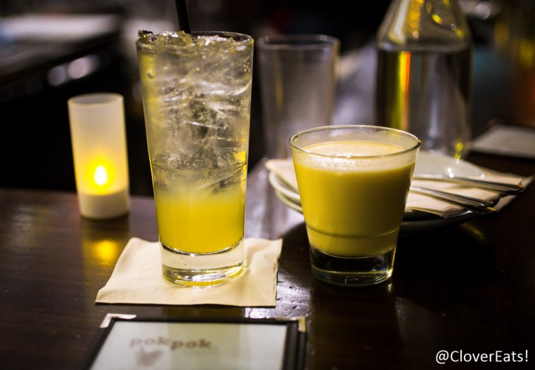 Orange drinking vinegar and Mango Alexander - mango, vodka, coconut cream and lime, shaken and served up.